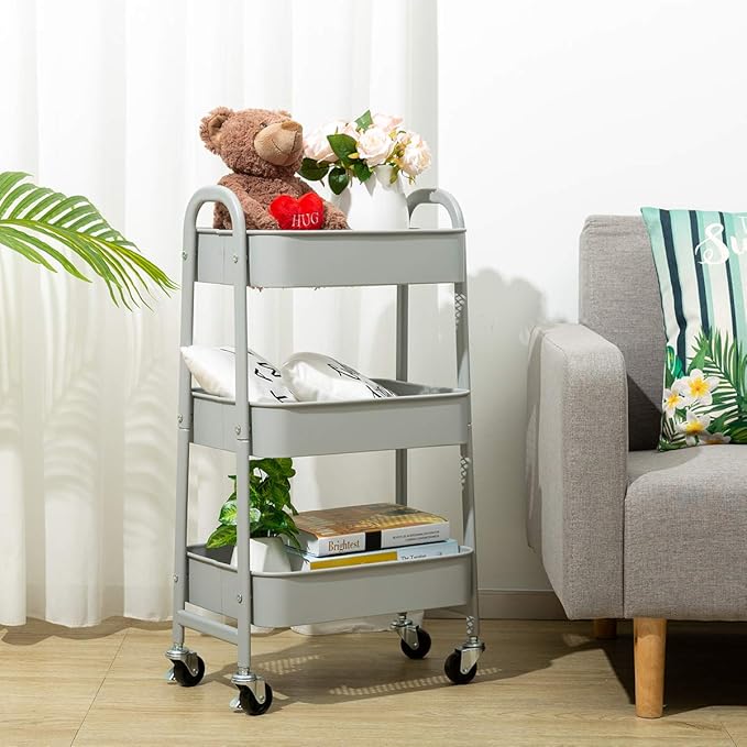 AGTEK Makeup Cart, Movable Rolling Organizer Cart, 3 Tier Metal Utility Cart, Grey-NeatNest