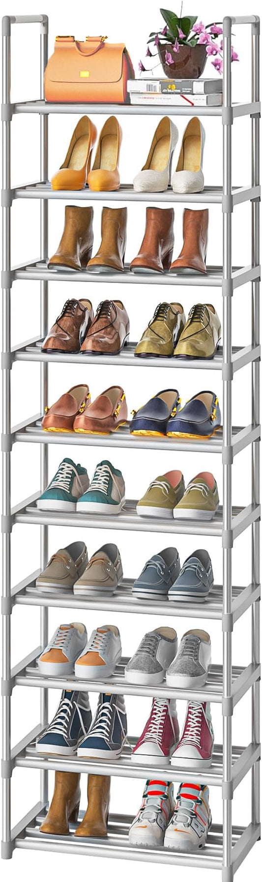 10-Tier Metal Shoe Rack, Narrow Shoe Rack Organizer, Sturdy Shoe Shelf for Closets, Entryway, Bedroom, Garage - Silver-NeatNest