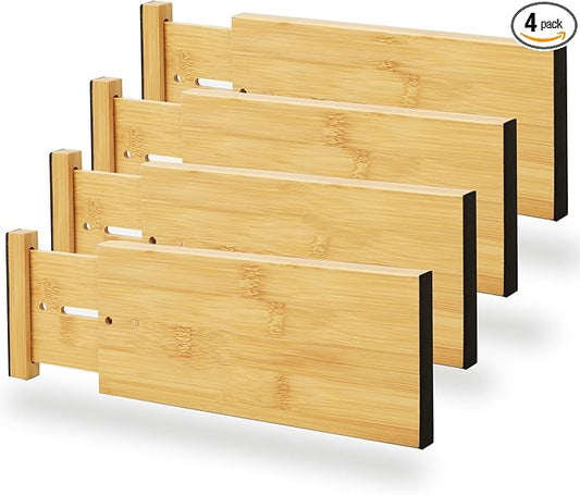 BAMEOS 4" High Bamboo Drawer Dividers - Adjustable Small Drawer Organizer - Kitchen, Dresser, Bathroom, Bedroom & Office - 4-pack-NeatNest