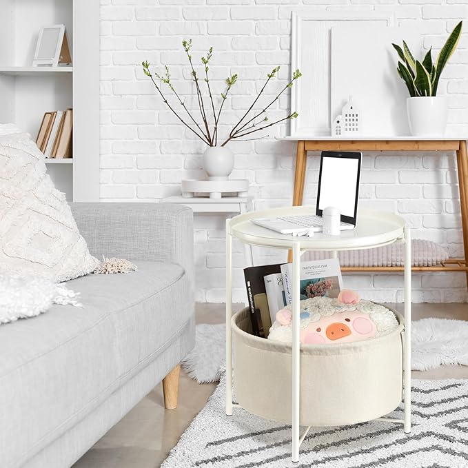 danpinera Round Side Table with Fabric Storage Basket, Metal Side Table Small Bedside Nightstand with Removable Tray Top for Living Room, Bedroom, Nursery, Laundry, White-NeatNest