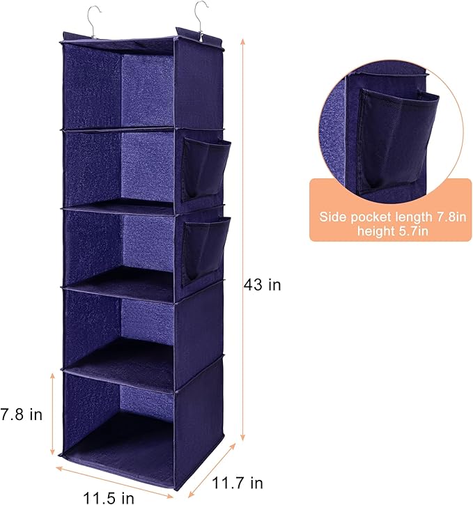 BOOMIBOO Hanging Closet Organize and Shelves,5-Hanging Shelf with 2 Side Pockets,Storage Foldable （Purple）-NeatNest