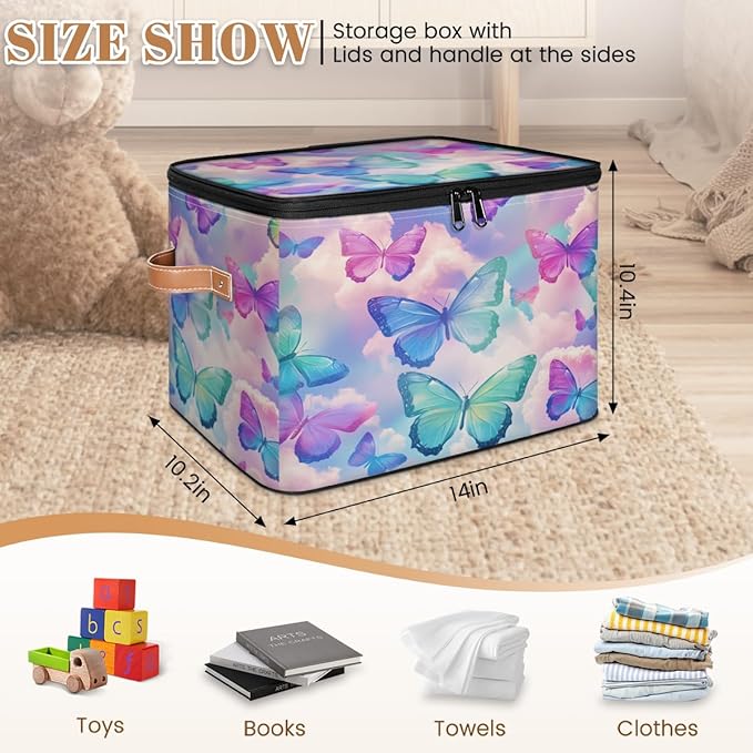 Colorful Butterfly Storage Bins with Zipper Lid, Watercolor Animals Lidded Storage Baskets Boxes Foldable Organizer with Leather Handles for Clothes Closet Shelf Toys-NeatNest