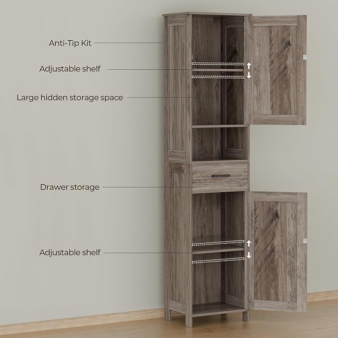 Homhedy 67" H Tall Bathroom Storage Cabinet with 2 Barn Doors and 1 Drawer, Narrow Storage Unit, Adjustable Shelves，Floor Cabinet for Bathroom, Living Room, Entryway, Kitchen, Greige, (15.7" W)
