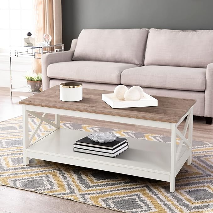 Sophia & William Farmhouse Coffee Table with Storage Shelf for Living Room, Ivory-NeatNest