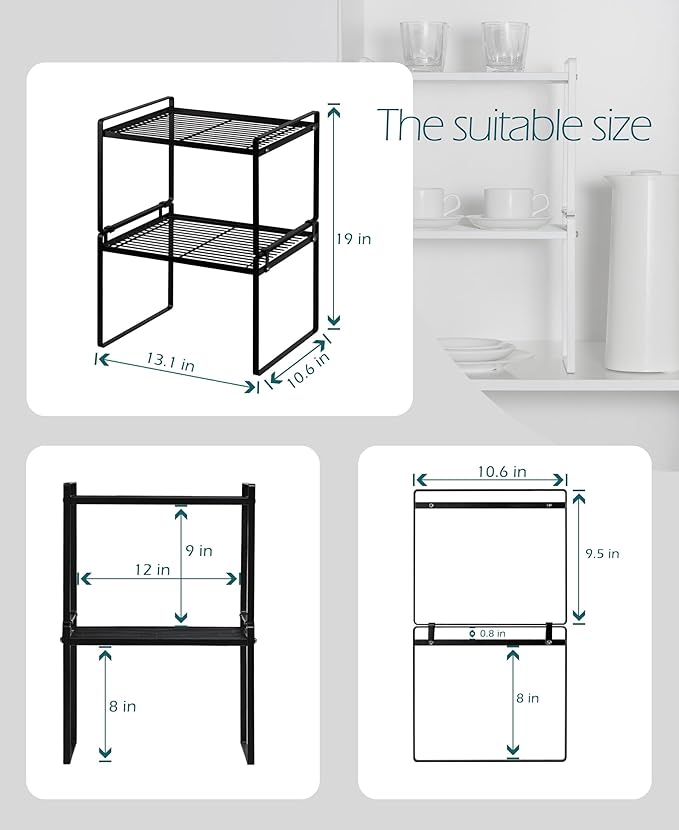 2Pack Kitchen Cabinet Shelf Counter Organizer Rack Pantry Storage Bathroom Bedroom Office Table Desk Space Saving Stackable Rust Resistant Non Slip Black Tall Wide L13.1in W10.6in H9.5in-NeatNest