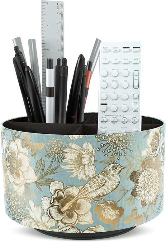 Hennaja Round Leather Art Supply Organizer,Remote Control Holder,360 Degree Rotating,Multi-Functional Pencil Holder,4 Compartments Desktop Stationary Organizer(1-Blue Bird)-NeatNest