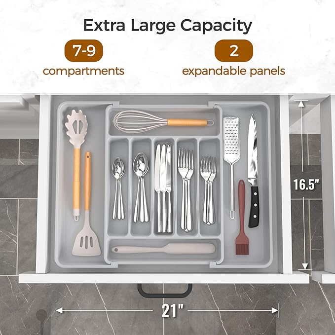 Extra Large Expandable Silverware Organizer, BPA-Free Food-Safe Cutlery Flatware Organizer, Kitchen Utensil Drawer Organizer, Adjustable Silverware Holder for Spoons Forks Knives, Gray-NeatNest