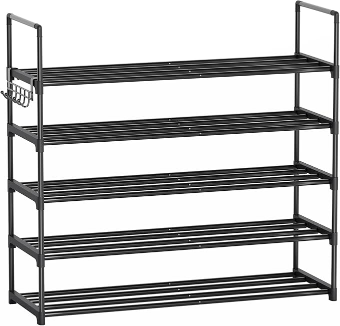Metal Shoe Rack - 5-Tier Shoe Organizer with Adjustable Shelf Height, Sturdy Shoe Storage Shelf, Perfect for Front Door Entrance, Closet & Entryway, Easy to Assemble, DIY Layering Options (L - 5 Tier)-NeatNest