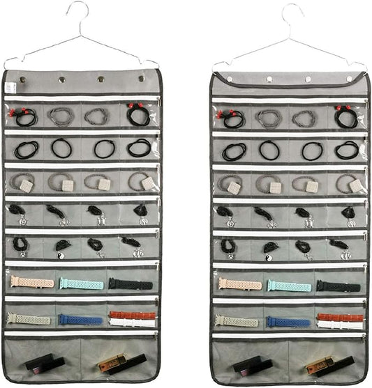 Dual Sided Hanging Jewelry Organizer with Hanger for Closet Necklace Earrings Bracelet Ring Travel Holder (56 Zippered Clear Pockets Grey)-NeatNest