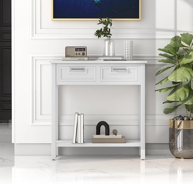GOFLAME Small Console Table with 2 Drawers, 31” Entry Table with Storage Shelf, Modern, Narrow Sofa Table for Living Room, Hallway, Entrance (White)-NeatNest