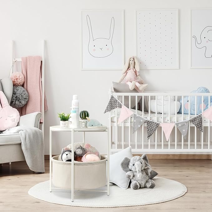 danpinera Round Side Table with Fabric Storage Basket, Metal Side Table Small Bedside Nightstand with Removable Tray Top for Living Room, Bedroom, Nursery, Laundry, White-NeatNest