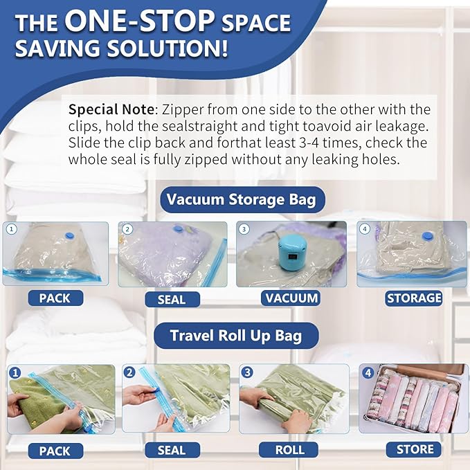 25 Pack Vacuum Storage Bags with Electric Pump, Space Saver Bags (5 Jumbo/5 Large/5 Medium/5 Small/5 Roll) Compression for Comforters and Blankets, Sealer Clothes Storage Travel Essentials-NeatNest