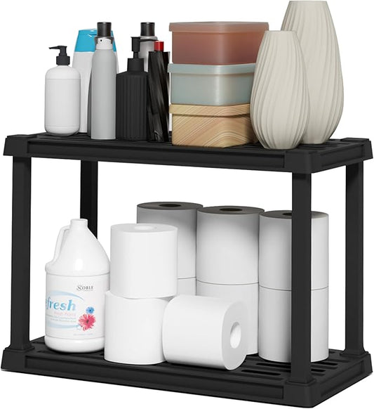IRIS USA 2-Shelf Light Duty Plastic Storage Shelves, 100lb Capacity, 17"H x 24"W x 12"D, Medium Modular Shelving Unit Storage Organizer for Bathroom, Laundry, Garage & Home, Storage Rack - Black