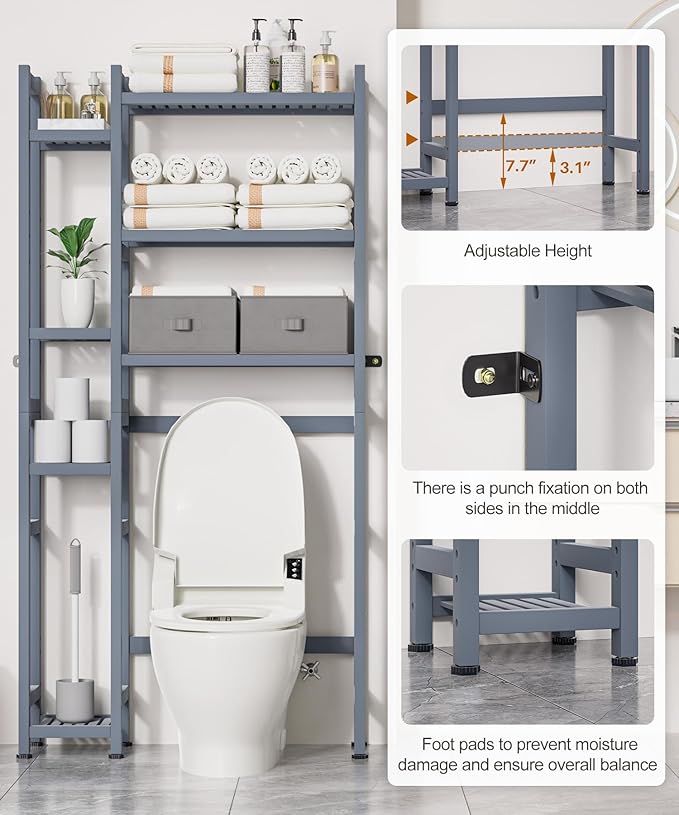 Homde Over The Toilet Storage with Basket and Drawer, Bamboo Bathroom Organizer with Adjustable Shelf & Waterproof Feet Pad, Space Saver Rack for Restroom, Laundry,Grey-NeatNest