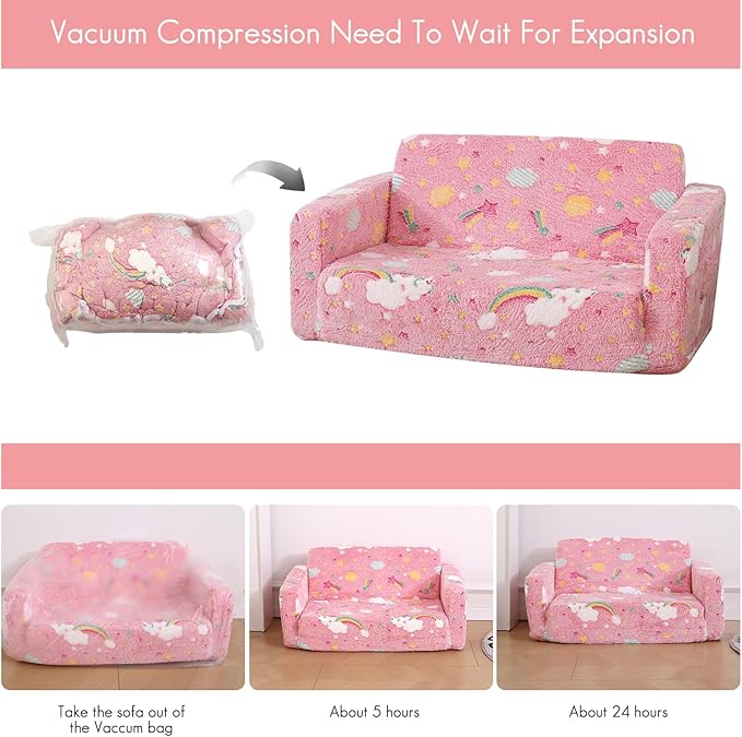 Foldable Kids Sofa Extra Wide for 2 Seats, Soft Kids Fold Out Couch Glow in The Dark,Convertible Sofa to Lounger Toddler Sofa Chair(Rainbow)-NeatNest