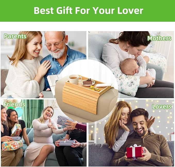 GEHE Bamboo Sofa Arm Tray, Foldable Couch Arm Tray Side Table, Anti-Falling Armrest Tables Cup Holder for Snacks, Drinks, Beers, Phone, Control, Flexible and Portable, Anti-Slip Bottom-NeatNest