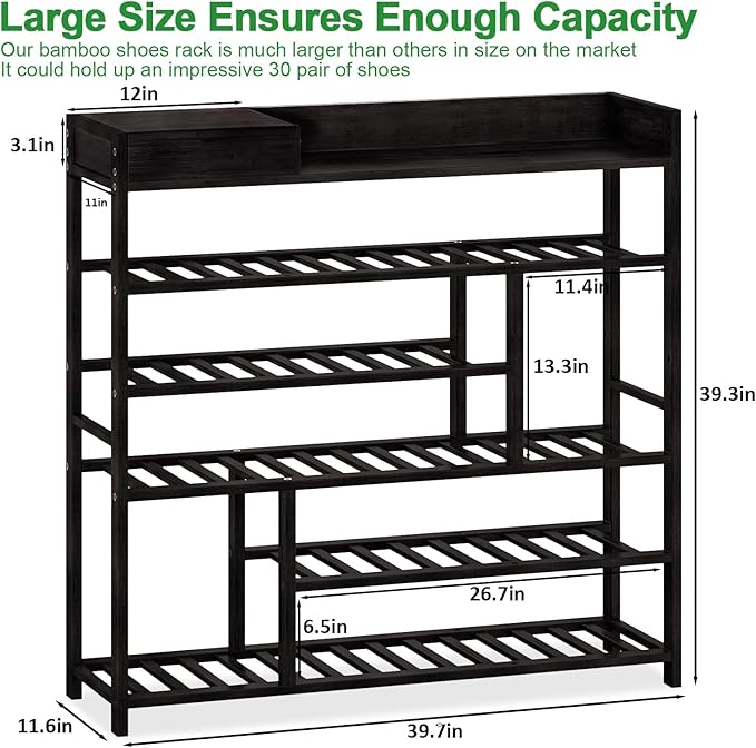 Large Bamboo Shoe Rack with Dust-Proof Pads Spacious 6-Tier Shoe Storage Organizer with Boot Rack and Storage Box Convenient Shoe Rack Shelf for Entryway Closet （Black）-NeatNest