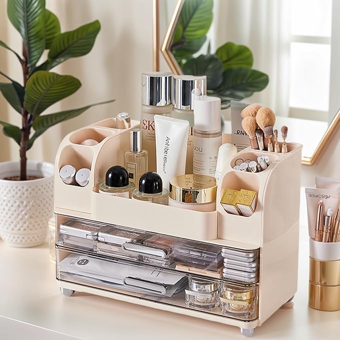 Makeup Organizer with 2 Drawers, Cosmetic Display Case, Storage Holder for Vanity, Bathroom Counter, Desk, Beauty Supplies (Cream)
