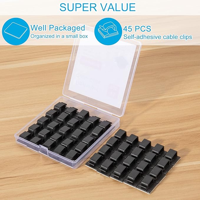 Large Adhesive Cable Clips (45 PCS, Black), Upgraded Wire Clips For Electric Wires, Cord Clips Adhesive Wire Holders For Cable Management Under Desk, Car, Wall, Extension Cord, Ethernet Cable, TV-Coax-NeatNest