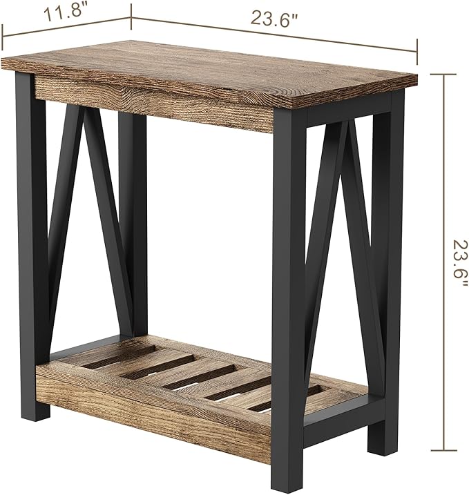 ChooChoo Farmhouse End Table, Narrow Side Table, Slim End Table with Storage Shelf for Small Spaces for Living Room, Bedroom Rustic Oak & Black-NeatNest