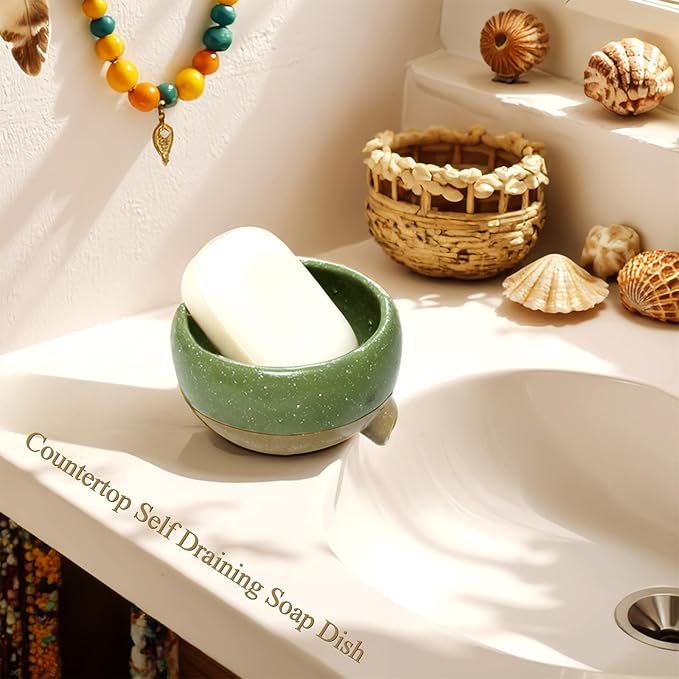 Self Draining Soap Dish and Soap Holder with Drain Spout for Sink, Shower, Bathroom, and Kitchen - Compact Resin Sponge Holder and Organizer, Keep Dry and Easy Cleaning Design, Green