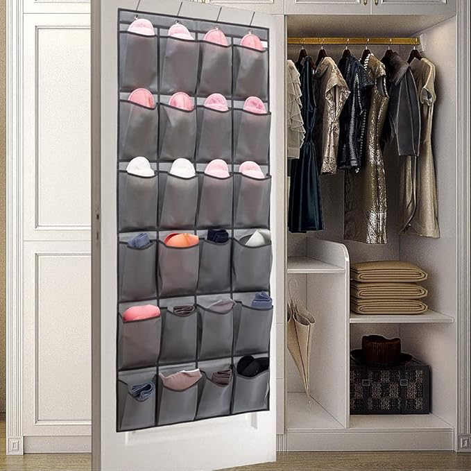 Over The Door Hanging Shoe Organizer Shoe Rack Hanger 24 Large Fabric Pockets Holder with 4 Sturdy Hooks (GREY)-NeatNest