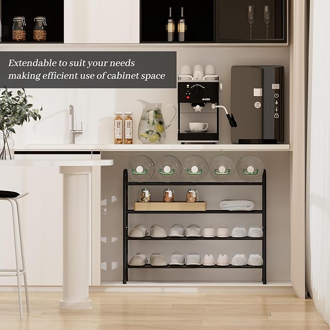 Expandable Shoe Rack, Adjustable Shoes Organizer Metal, Space-Saving Storage Shelf for Closet, Entryway, Front Door & Hallway,Sturdy and Easy Assembly (Black, 4-Tier)