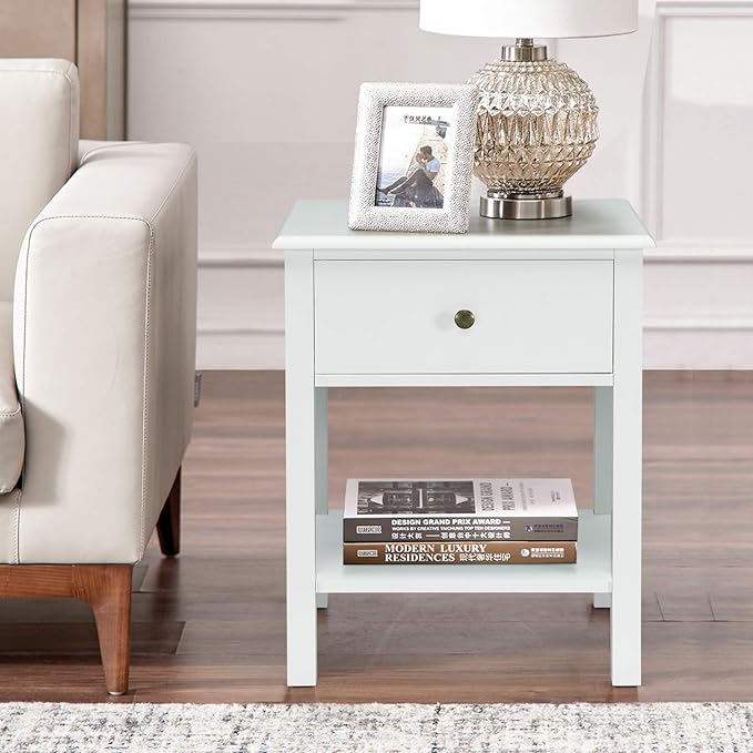 Giantex Nightstand Set of 2, 2-Tier End Table with Drawer and Open Storage Shelf, Modern Bedside Tables, Wooden Side Table Night Stand for Bedroom, Dorm, Small Spaces, Easy Assembly, White