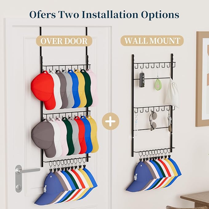 Consumest Over Door Hat Organizer - 3 Tier Wall Mounted Hat Rack with 16 Hooks and 10 Movable Clips, Hanging Baseball Cap Storage Holds up to 26 Caps for Door, Bedroom, Closet USPTO Patent Pending-NeatNest