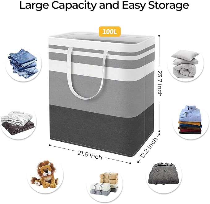 HomeHacks 2 Pack Large Laundry Baskets, Waterproof, Freestanding Laundry Hampers, Collapsible Clothes Hamper with Reinforced Handles in Laundry, College Dorm, Bathroom, Bedroom (Grey+Blue, 100Lx2)-NeatNest