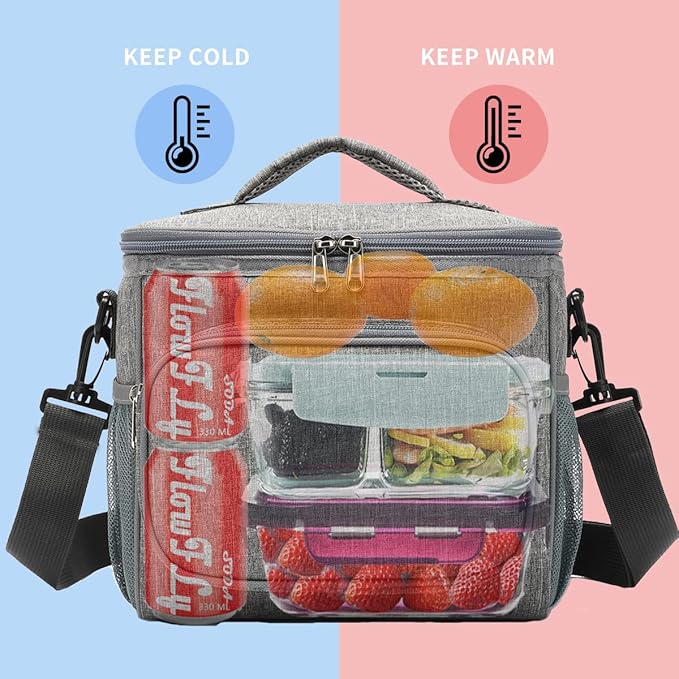 FlowFly Insulated Reusable Lunch Bag Adult Large Lunch Box for Women and Men with Adjustable Shoulder Strap,Front Zipper Pocket and Dual Large Mesh Side Pockets,Grey-NeatNest