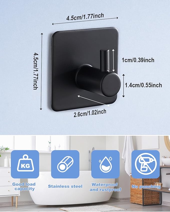 4 Pack Adhesive Hooks, Black Towel Hook for Bathrooms, Heavy Duty Stainless Steel Wall Hook, Waterproof Stick on Hook, Hooks for Hanging Robe, Key, Coat, Clothes
