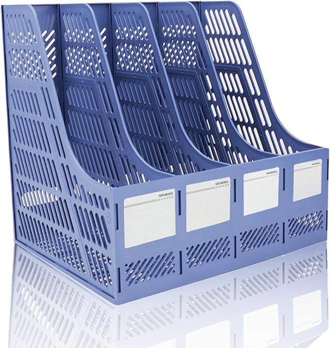 Lemical File Holder Desktop Filing File Box 4 Compartments Vertical File Organizer Magazine Rack Book Holder Frames Binder Holder for Home Office School (Blue)