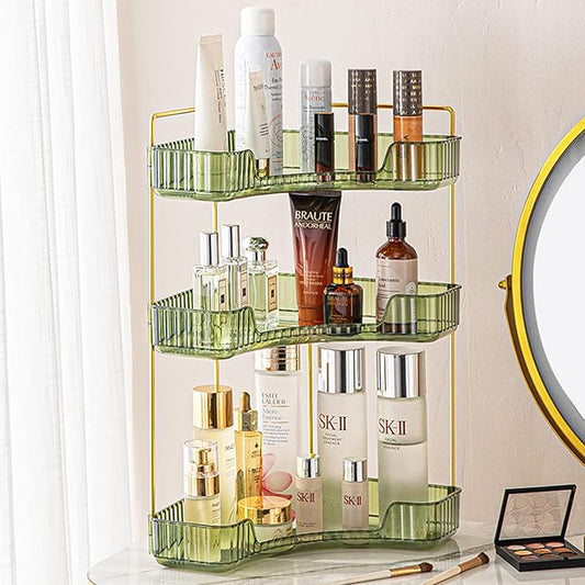 3-Tier Corner Bathroom Counter Organizer – Classic Storage Shelf for Makeup, Perfume & Toiletries, Space-Saving Countertop Tray Fits Bathroom, Dresser, Kitchen (Sage Green)
