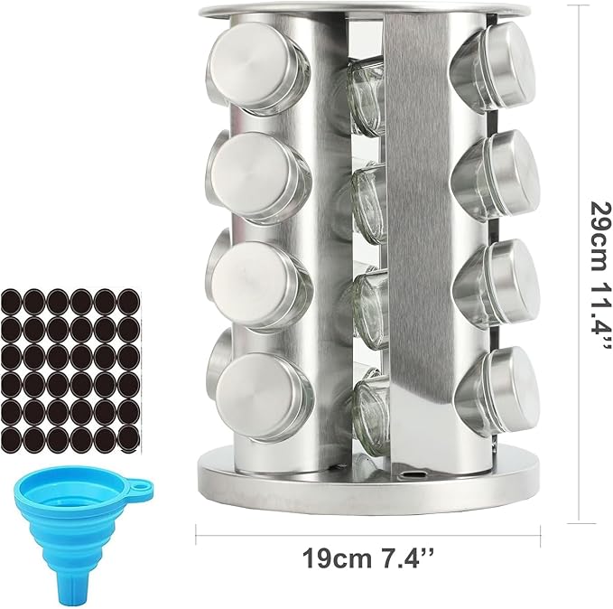 Spice rack-Revolving Spice Rack Set, Kitchen Spice Tower Organizer for Countertop or Cabinet -Desktop Rotating Seasoning Organizer(Stainless Steel) (Silver, 16-Jar)