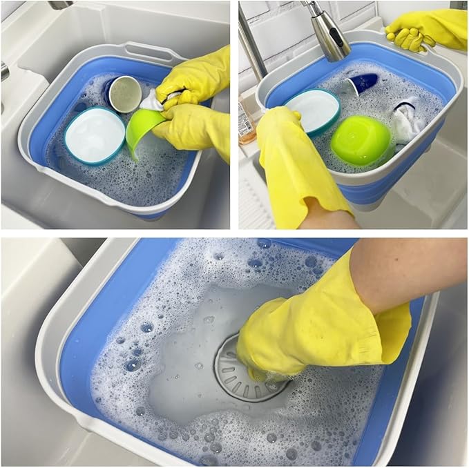 SAMMART 10L (2.64 Gallon) Collapsible Dishpan with Draining Plug-Foldable Washing Basin-Portable Dish Washing Tub-Space Saving Kitchen Storage Tray for Camping & RV (1, Grey/Little Boy Blue)