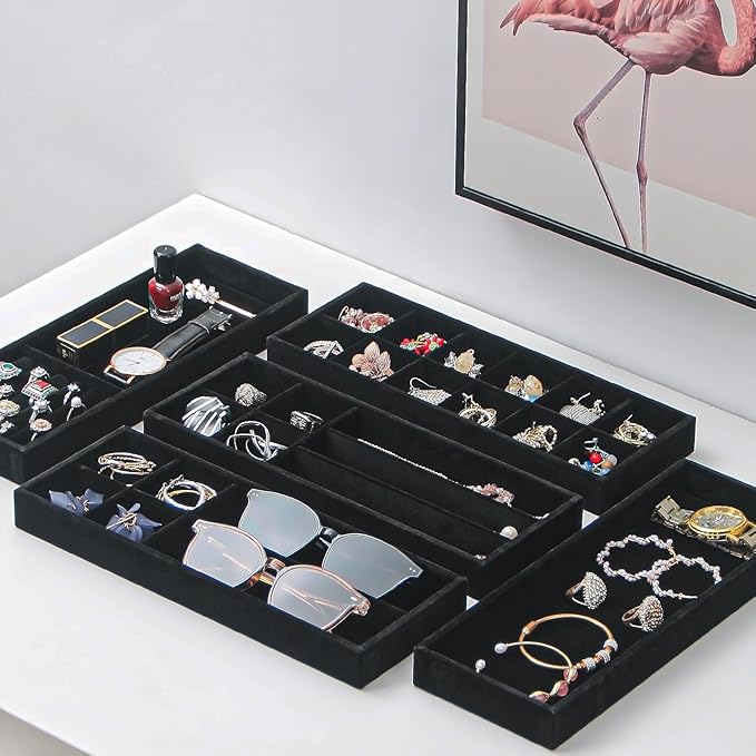 2Pcs Desk Drawer Storage Tray, Nightstand Organizer Tray, Necklace Bracelet Ring Earring Jewelry Display Tray, Grid Table Organizer Holder Tray for Sunglass, Phone, Watch, Perfume (1 grid)/Black-NeatNest