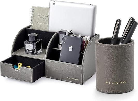 Vlando Office Supplies Desk Organizer Caddy, Desktop Hanging File Letter Document Storage Holder with Drawer Organizer Section for Office Home (Set of 1-grey)-NeatNest