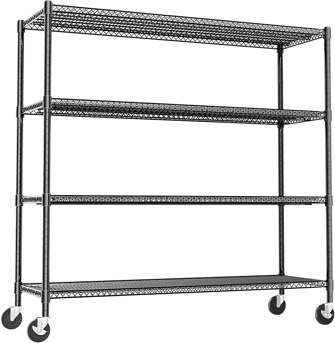 GIOTORENT 4-Tier Heavy Duty Storage Shelves with Wheels, 59.6" W x 24" D x 76.2" H, 2000LB Capacity Mobile Metal Shelving Unit, 1IN Adjustable Height for Garage & Warehouse, Black