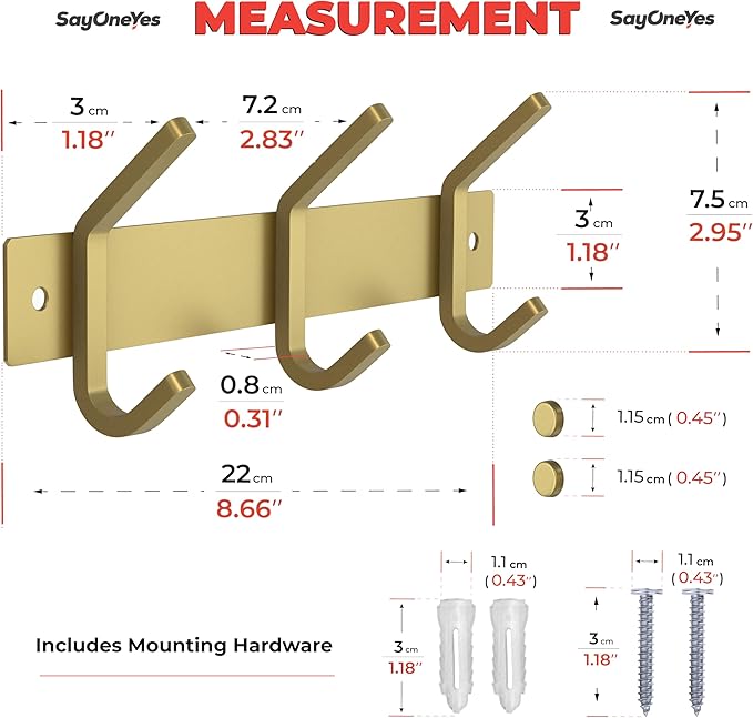 Brushed Gold Small Coat Rack Wall Mount – 9 Inch Stainless Steel Rail with 3 Double Coat Hooks for Entryway, Bathroom, Bedroom, Kitchen – Modern Gold Hook Rack for Coats, Hats, Towels-NeatNest