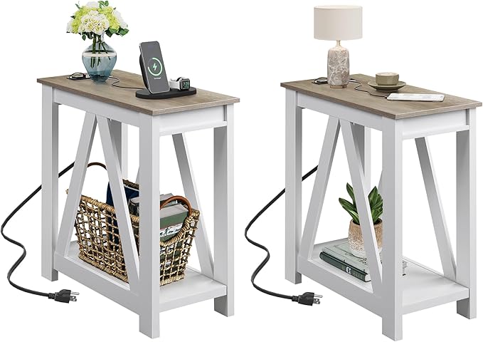 WLIVE End Tables Living Room Set of 2 with Charging Station, Sofa Side Tables with Open Storage Shelf, Slim Farmhouse End Table Sets, Greige