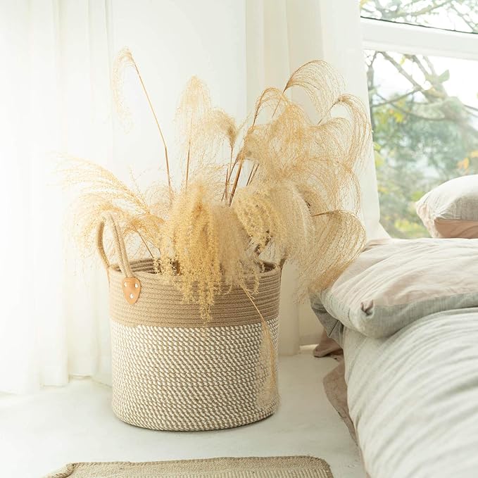 CHICVITA Large Wicker Jute Woven Storage Basket with Handles – Blanket Laundry Basket for Toys Towels Home Decor, White, 14" x 14" x 12"-NeatNest