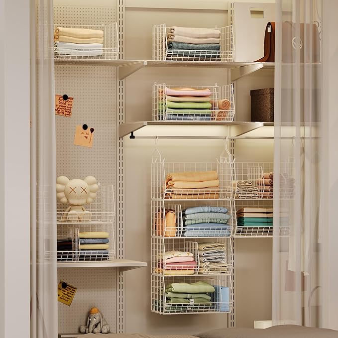 4 Tier Closet Hanging Organizer with Dividers,Extra Large Closet Storage Hanging with 5 S Hooks 4 Dividers,Clothes Organizer Clothing Sweaters Clutches Handbags Hats Accessories-White