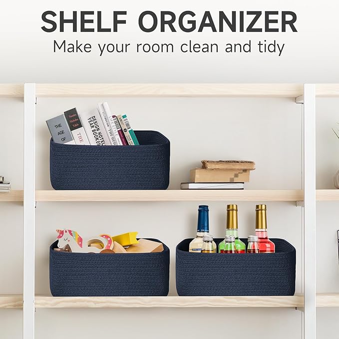 3-Pcs Shelf Baskets for Organizing, Closet Organizer Bins, Small Woven Baskets, Rope Toy Basket, Storage Basket for Shelves, Cube Decorative Box, 11.5×7.5×5.1”, Navy Blue-NeatNest