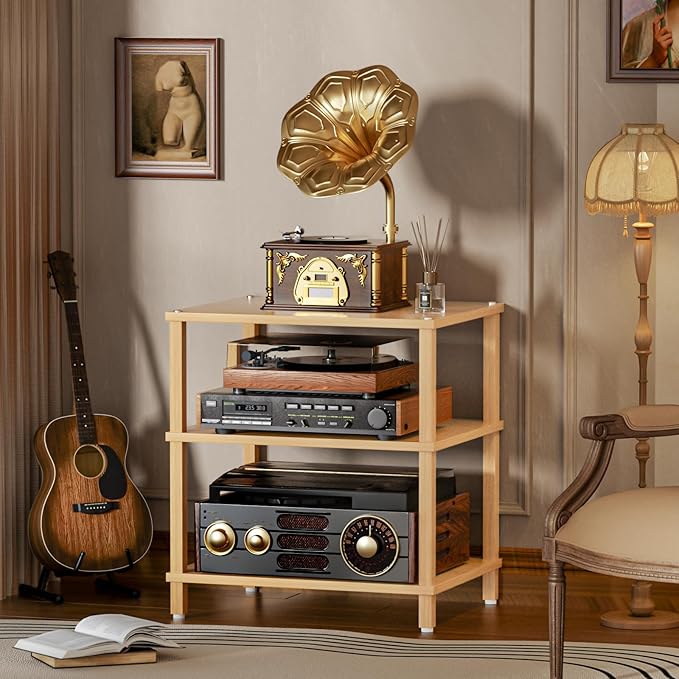 3-Tier AV Media Player Stand, Natural Stereo Cabinet, Modern Audio Shelf, Wooden TV Stand,Game Console Shelf, Multifunctional Entertainment Center, Suitable for Home, Conference Room, Game Studio-NeatNest
