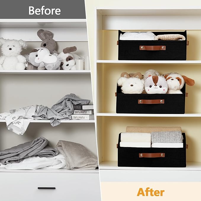 Closet Organizers and Storage, Linen Trapezoid Storage Bins with Handles, Collapsible Shelf Organizer for Blanket, Towel, Clothes, Hats, Purse (Black)-NeatNest