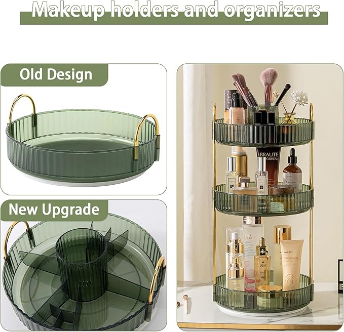 Rotating Makeup Organizer for Vanity, High-Capacity Skincare Clear Make Up Storage Perfume Organizers Cosmetic Dresser Organizer Countertop 360 Spinning (Green, New-3 Tier)-NeatNest
