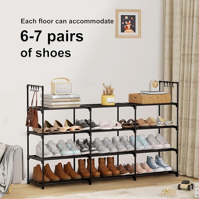 3-Row 4-Tier Shoe Rack, Black Metal Stackable Shoe Shelf with Multifunctional Hooks, Hold 24-30 Pairs, Space Saving Shoes Organizer for Closet,Show Rack-NeatNest