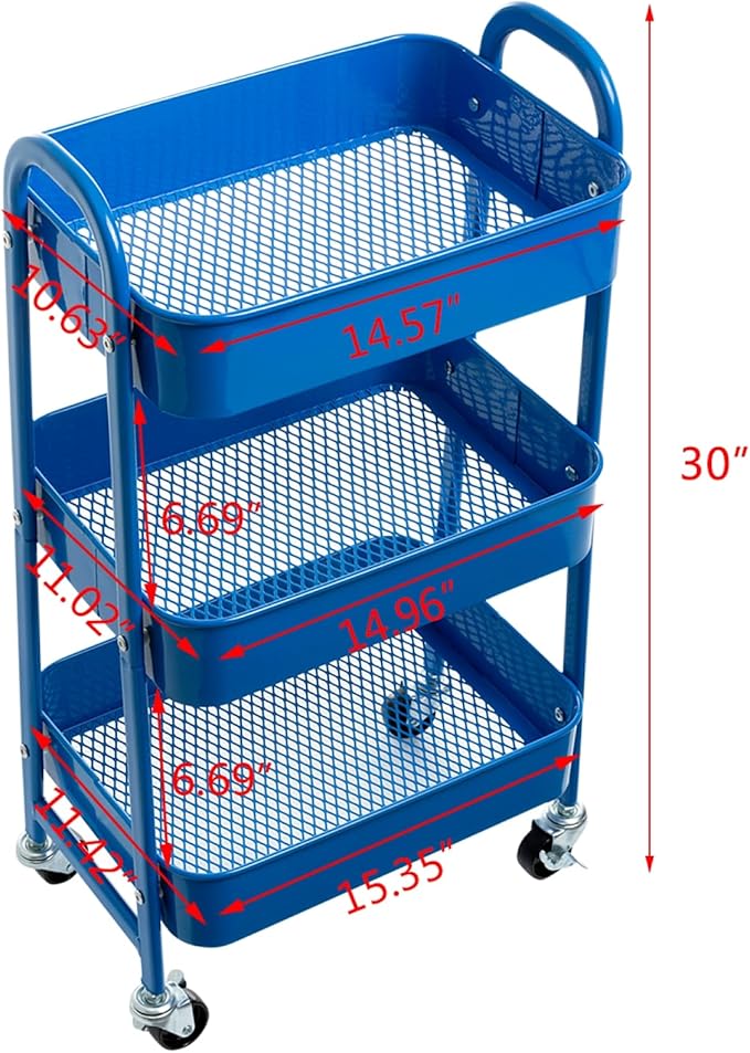 AGTEK Makeup Cart, Movable Rolling Organizer Cart,3 Tier Metal Utility Cart, Aristocratic Blue-NeatNest