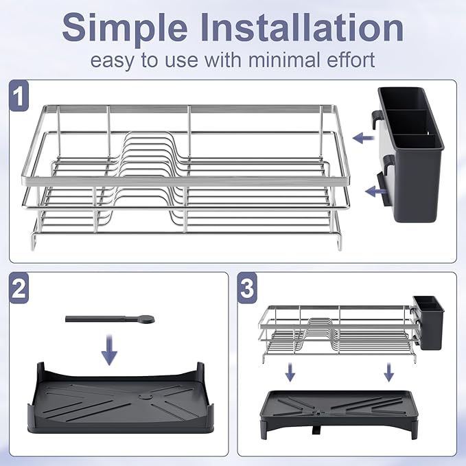 Stainless Steel Kitchen Counter Dish Drying Rack with Drainer and Cutlery Holder, 16.5" D x 11.8" W x 6.29" H